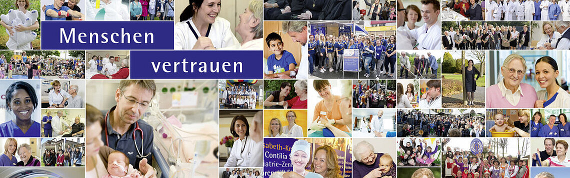 Collage mit vielen glücklichen Mitarbeitenden und Patient:innen der Contilia - in der Mitte steht der Schriftzug "Menschen vertrauen"